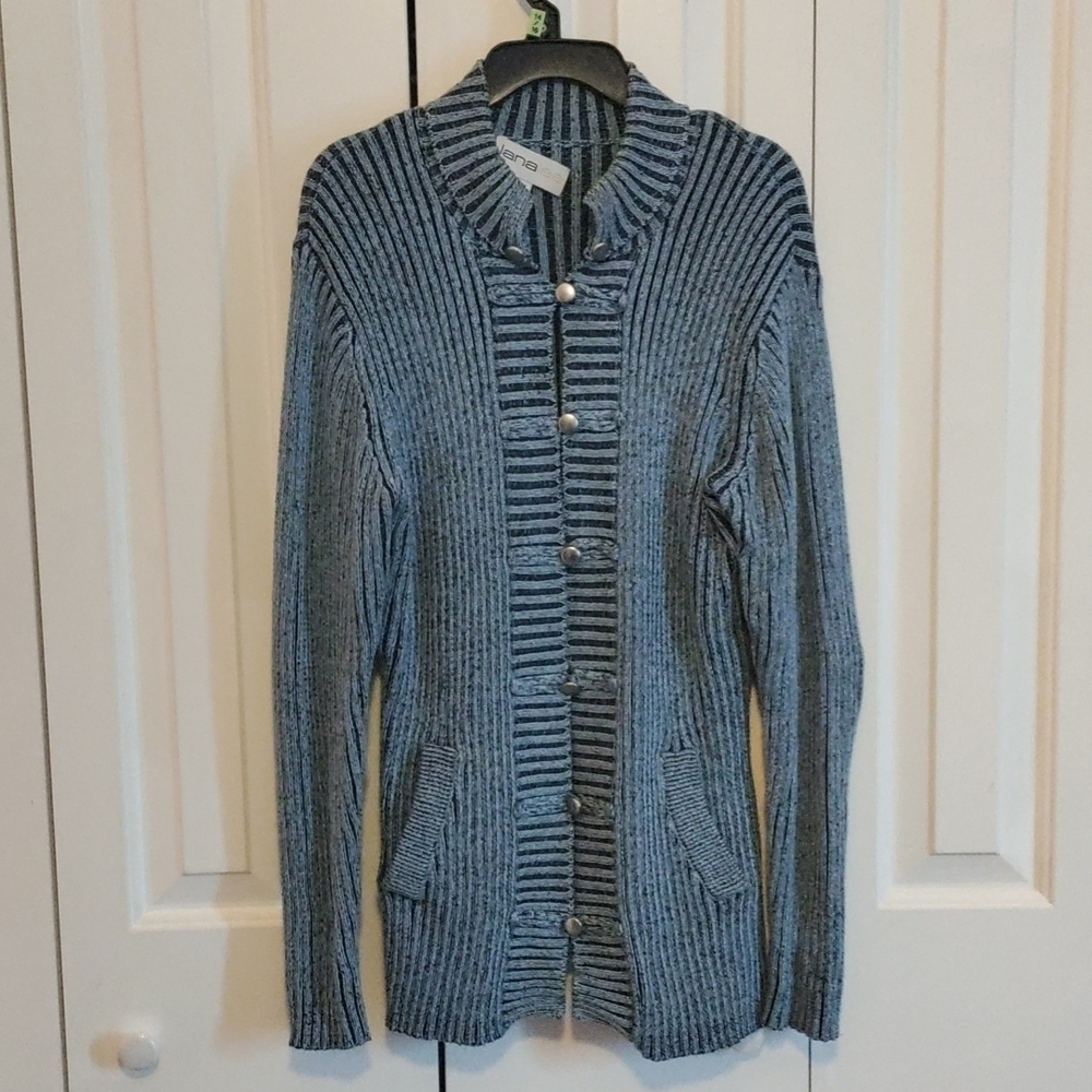 Lana Lee blue ribbed knit long button front sweater medium